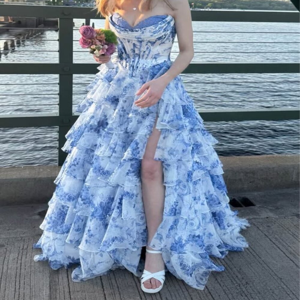 Gorgeous Sherri Hill Blue and White Floral Prom Dress